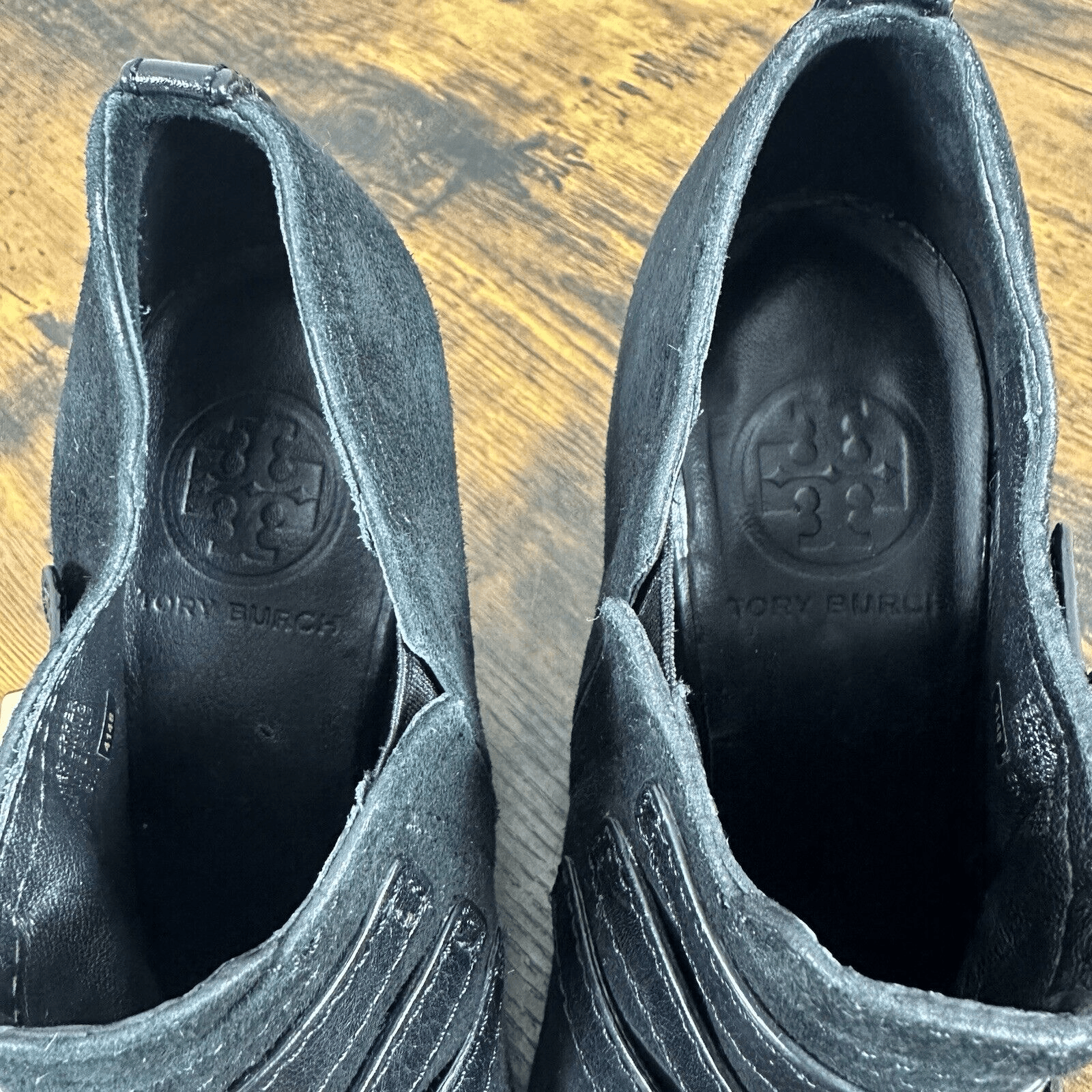 Tory Burch Gabrielle Buckle Suede Black Wedge Booties Size 6