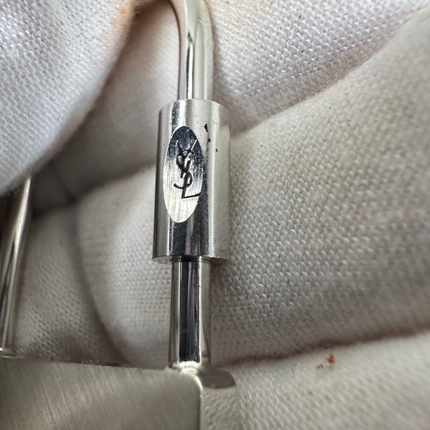 YSL Yves Saint Laurent Padlock Bag Charm Key Ring Silver Greek Key w/Box Vintage