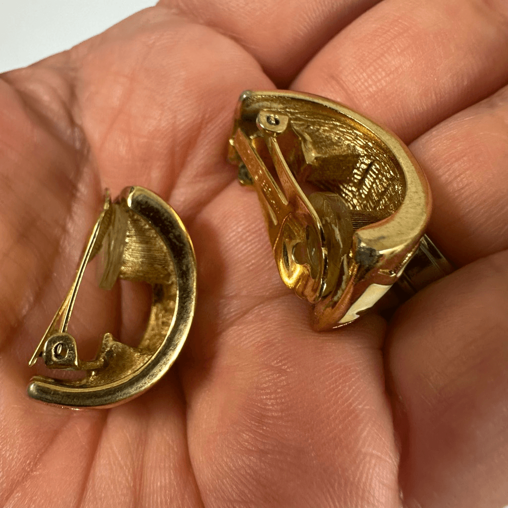 Christian Dior Vintage Hoop Clip On Earrings White Enamel Gold Tone Signed