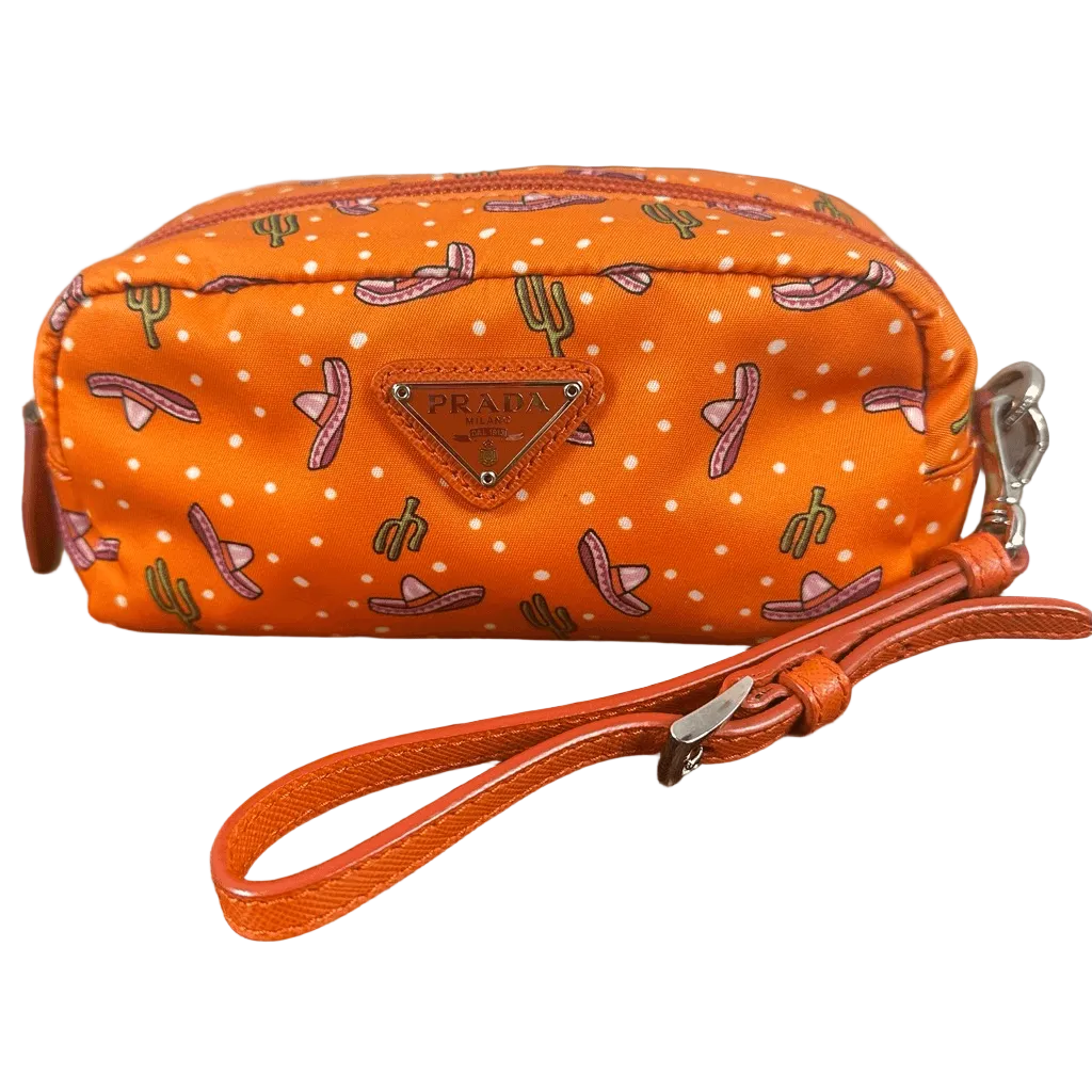 Prada Tessuto Nylon Wristlet Pouch Bag Orange Sombreros Cactus Colorful Festive