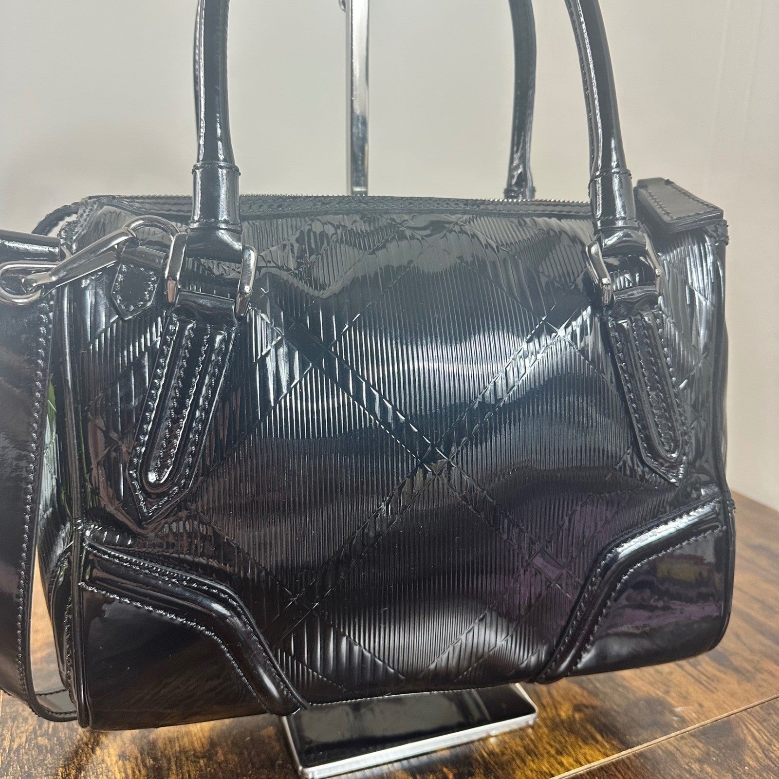 Burberry Black Patent Leather Satchel Handbag Shoulder Bag Made in Italy