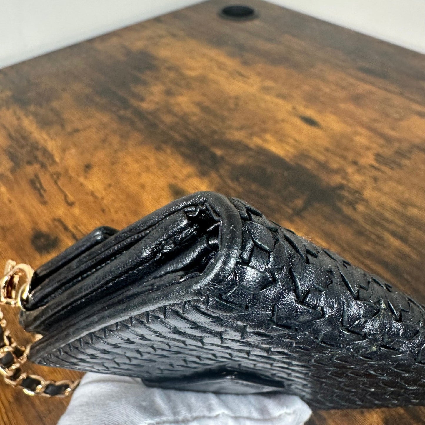 Christian Dior Black Woven Leather Wallet Wristlet Chain Strap Authentic Vintage