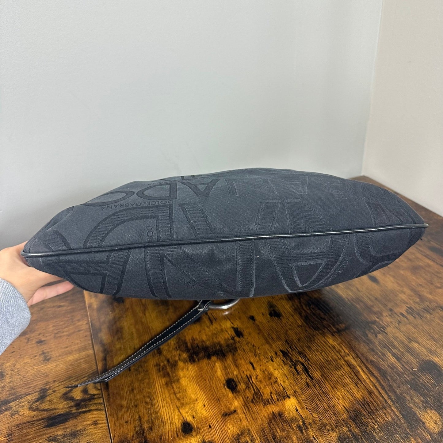 Dolce & Gabbana Black Logo Jacquard Hobo Shoulder Bag Leather Trim Ring Detail