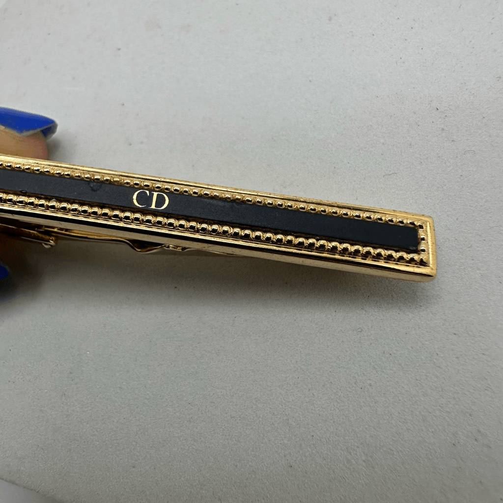 Christian Dior CD Logo Black Enamel Gold Tone Tie Clip