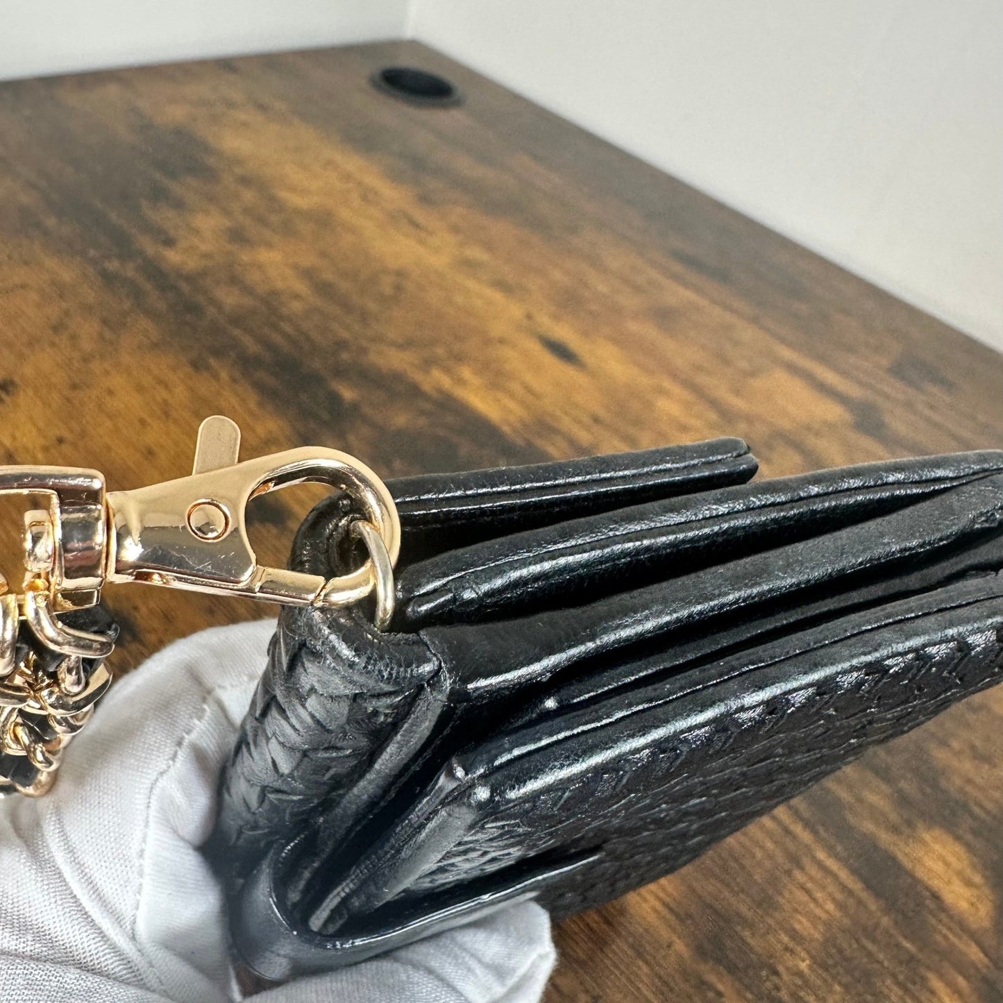 Christian Dior Black Woven Leather Wallet Wristlet Chain Strap Authentic Vintage