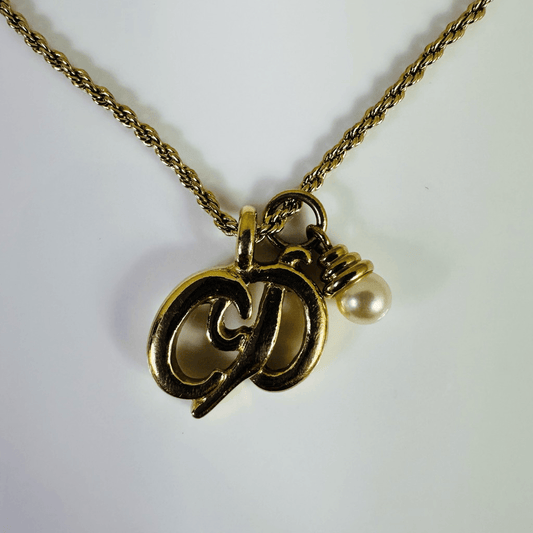 Christian Dior CD Logo Faux Pearl Pendant Necklace Gold Tone