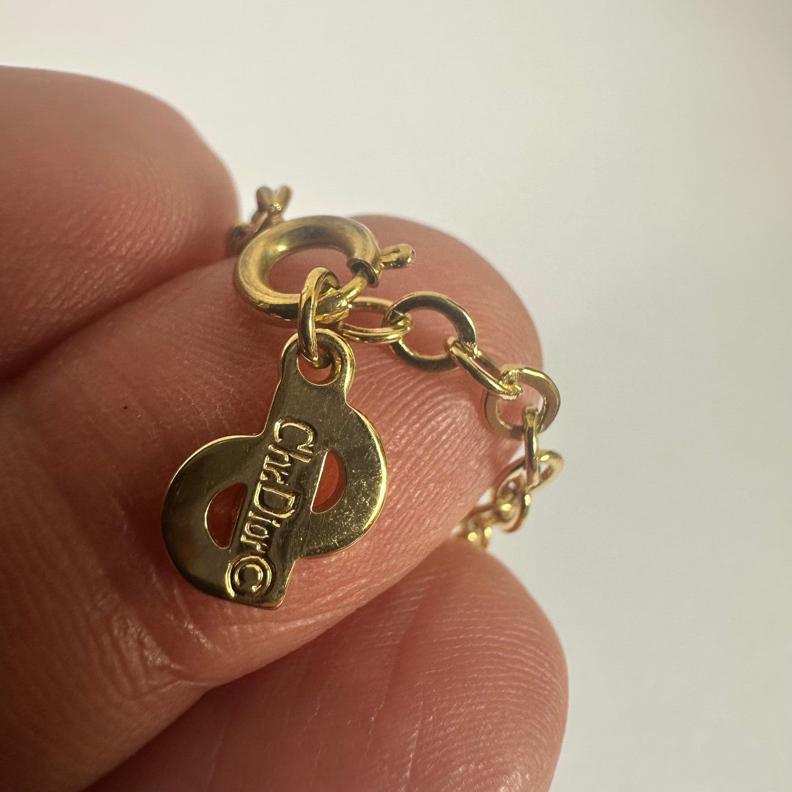 Vintage Christian Dior CD Logo Gold Crystal Pendant Necklace Chain