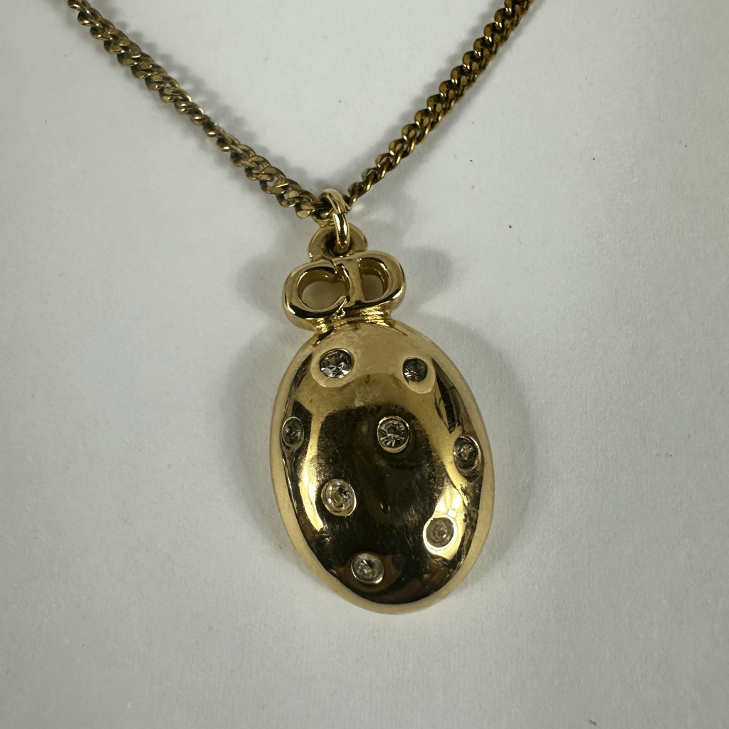 Christian Dior CD Logo Gold Tone Rhinestone Pendant Necklace