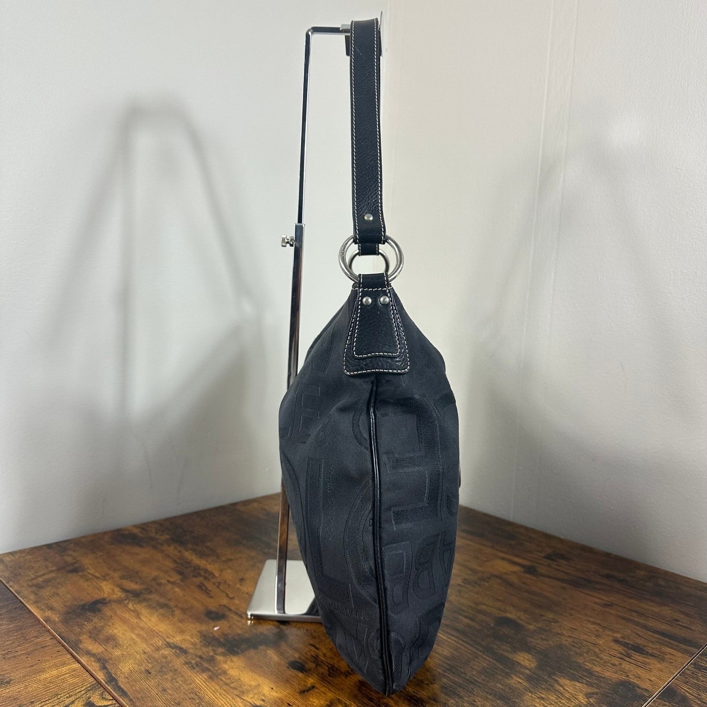 Dolce & Gabbana Black Logo Jacquard Hobo Shoulder Bag Leather Trim Ring Detail