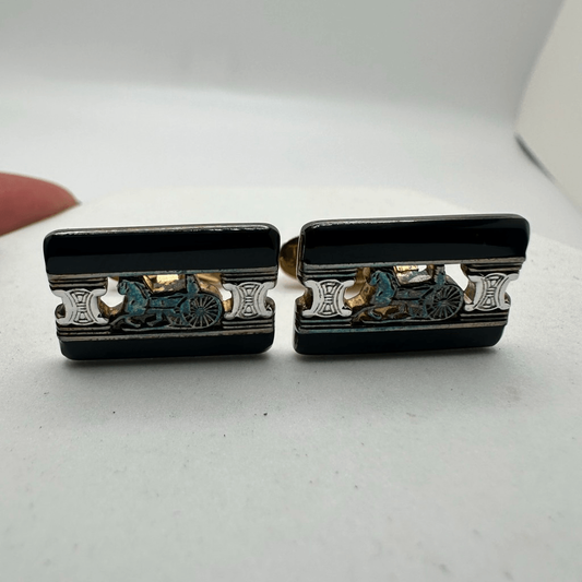 Celine Macadam Horse Carriage Black Enamel Silver 925 Cufflinks