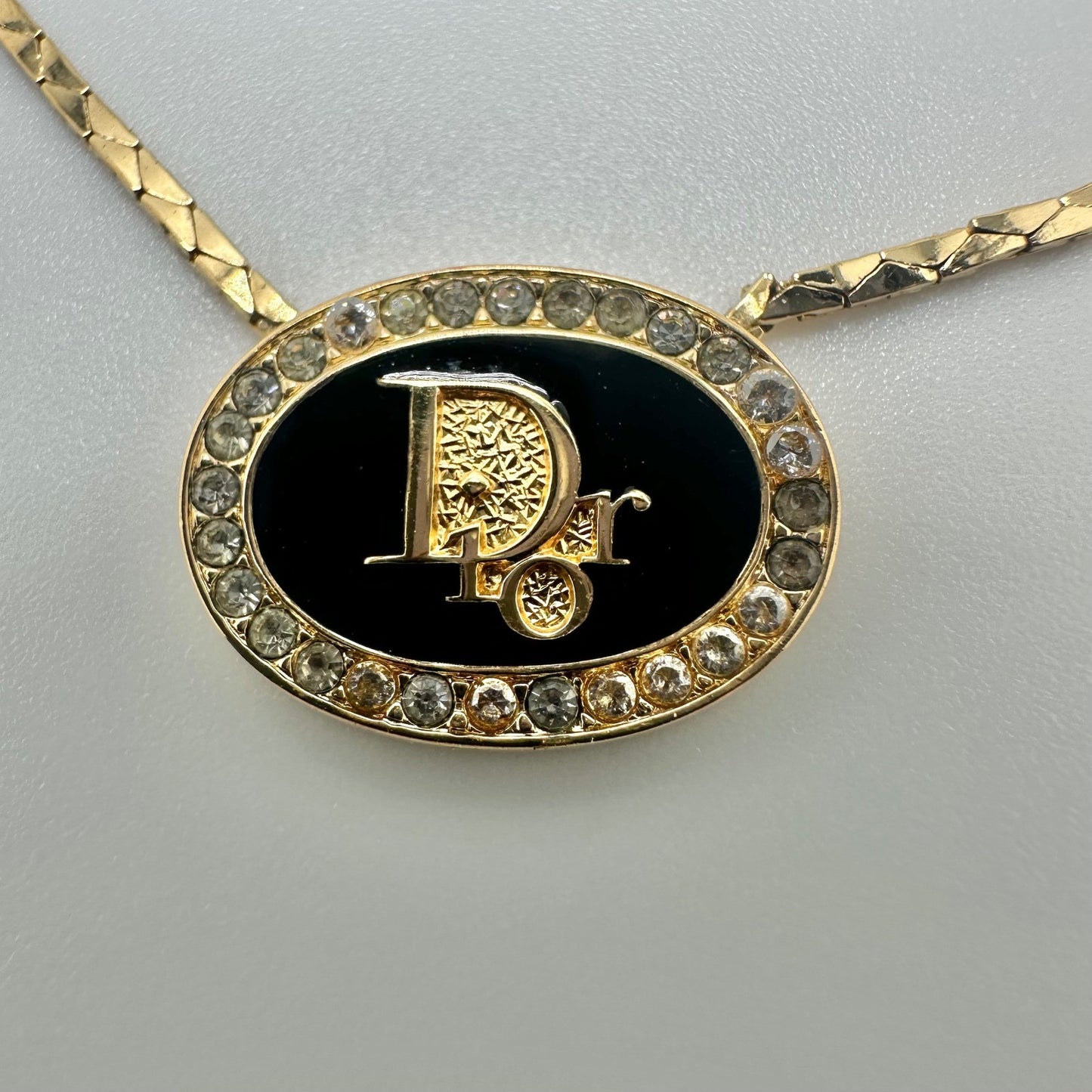Christian Dior Necklace Gold Tone Rhinestone Logo Pendant Designer Jewelry