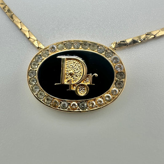 Christian Dior Necklace Gold Tone Rhinestone Logo Pendant Designer Jewelry