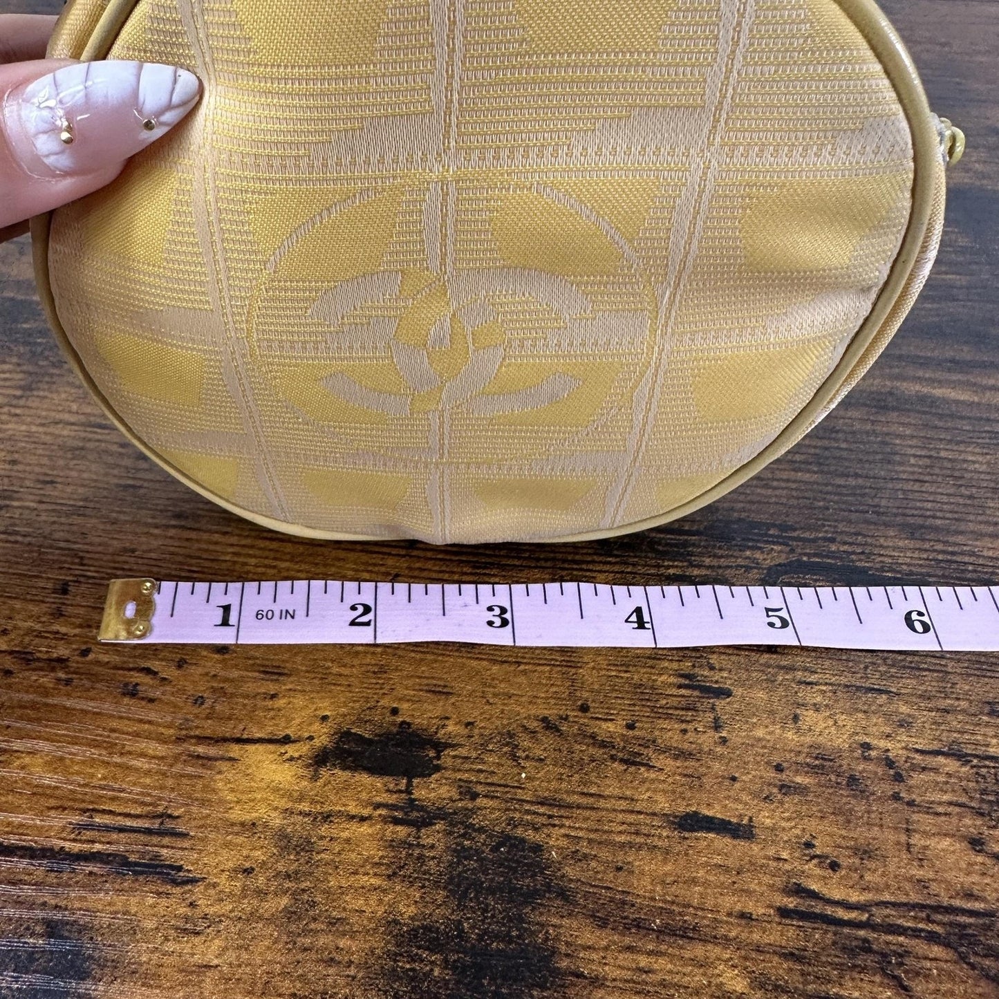 Chanel Vintage Travel Line Round Mini Pouch Bag Yellow Canvas CC Logo Wristlet