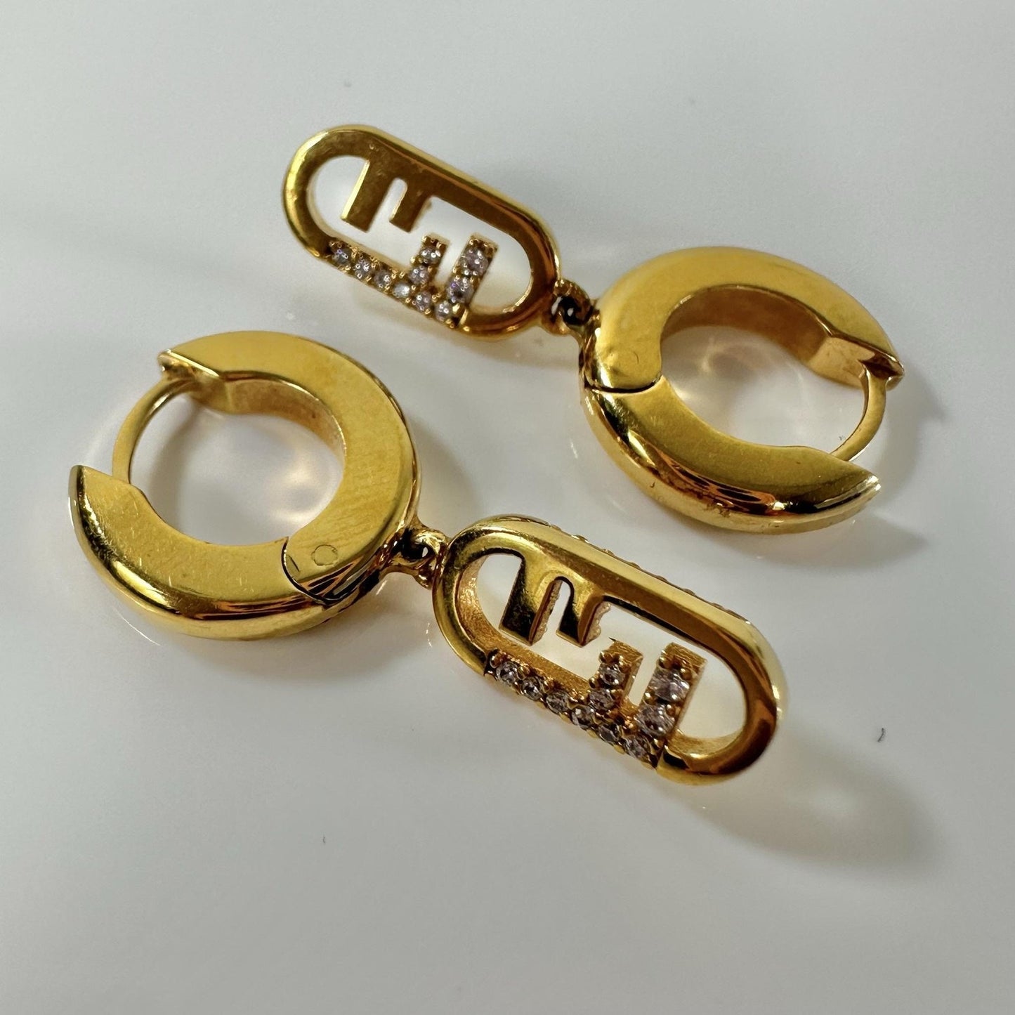 Fendi FF Logo Gold Tone Rhinestone Logo Huggie Drop Earrings 1.5in Made In Italy