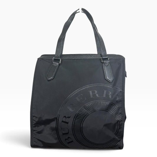 Burberry Tote Bag Womens Large Black Nylon Leather Logo Shoulder Zip Top Handle