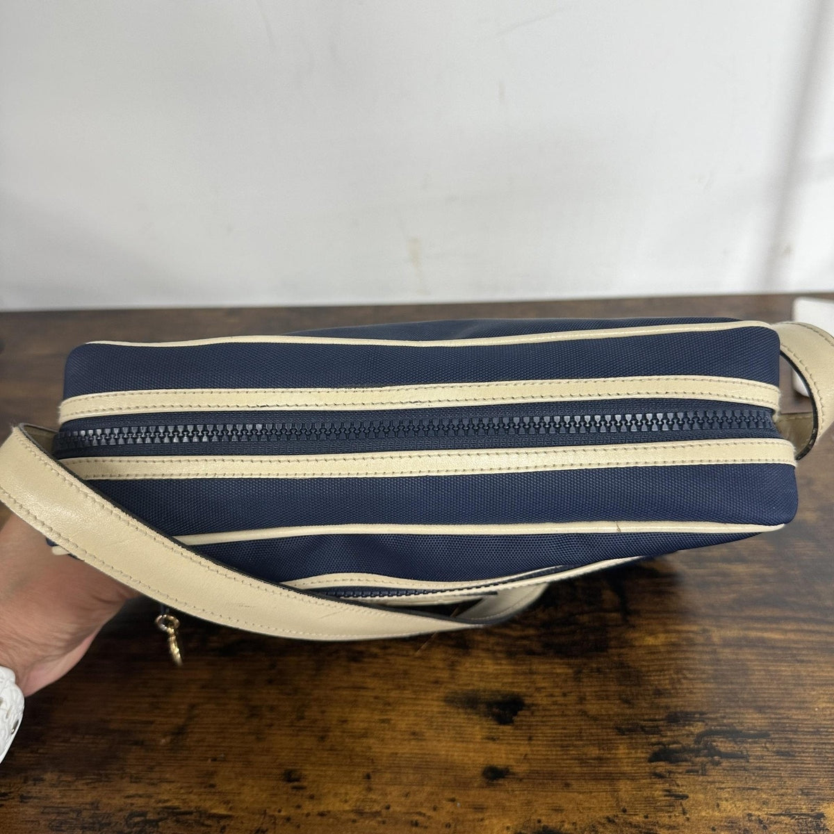 Celine Vintage Crossbody Bag Medium Navy Blue Canvas Leather Italy Classic