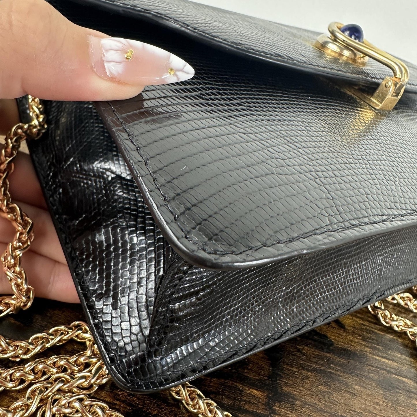 Gucci Lapis Lazuli Lizard Skin Vintage Bag Small Black Leather Italy
