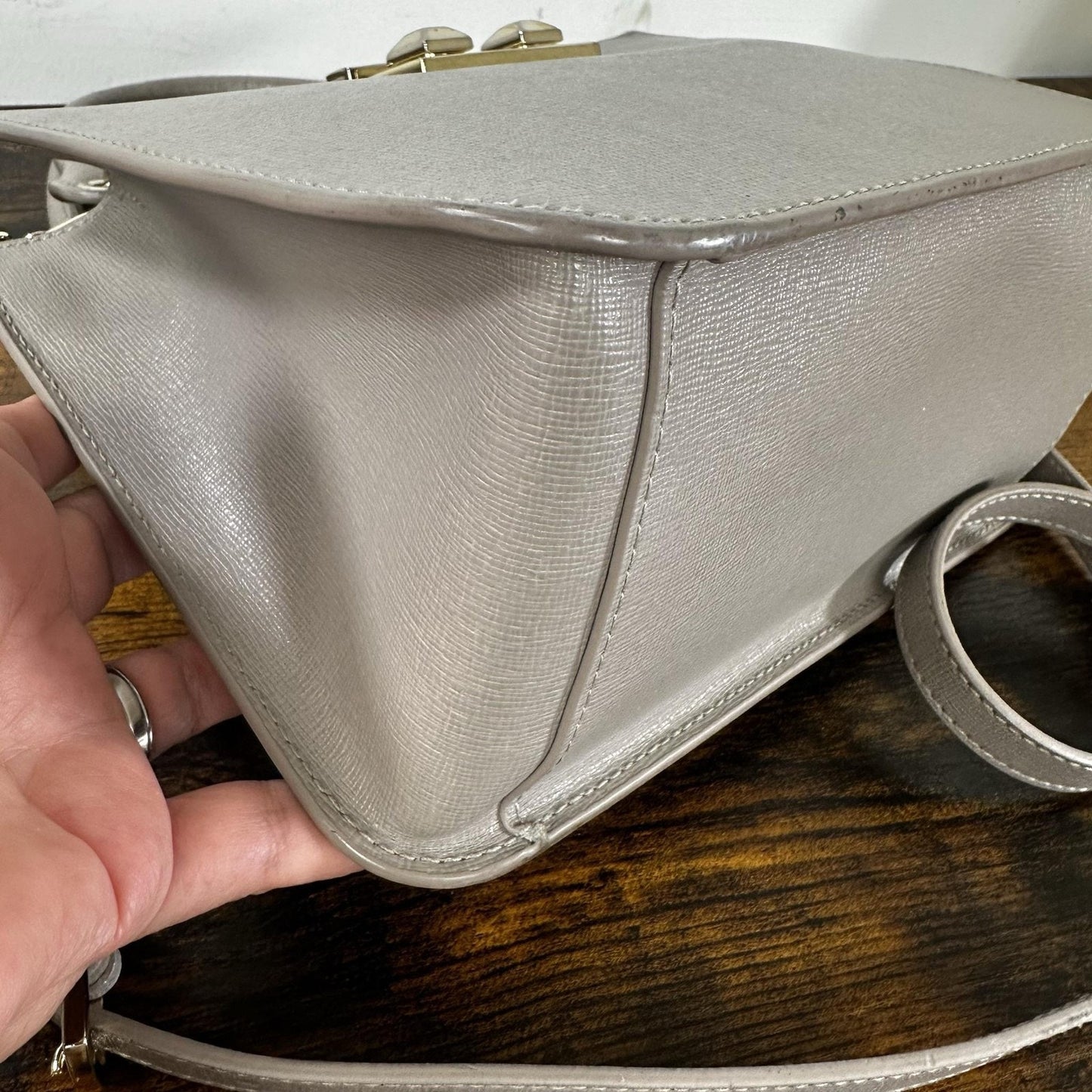 Furla Satchel Crossbody Bag Womens Small Gray Leather Top Handle Gold Hardware