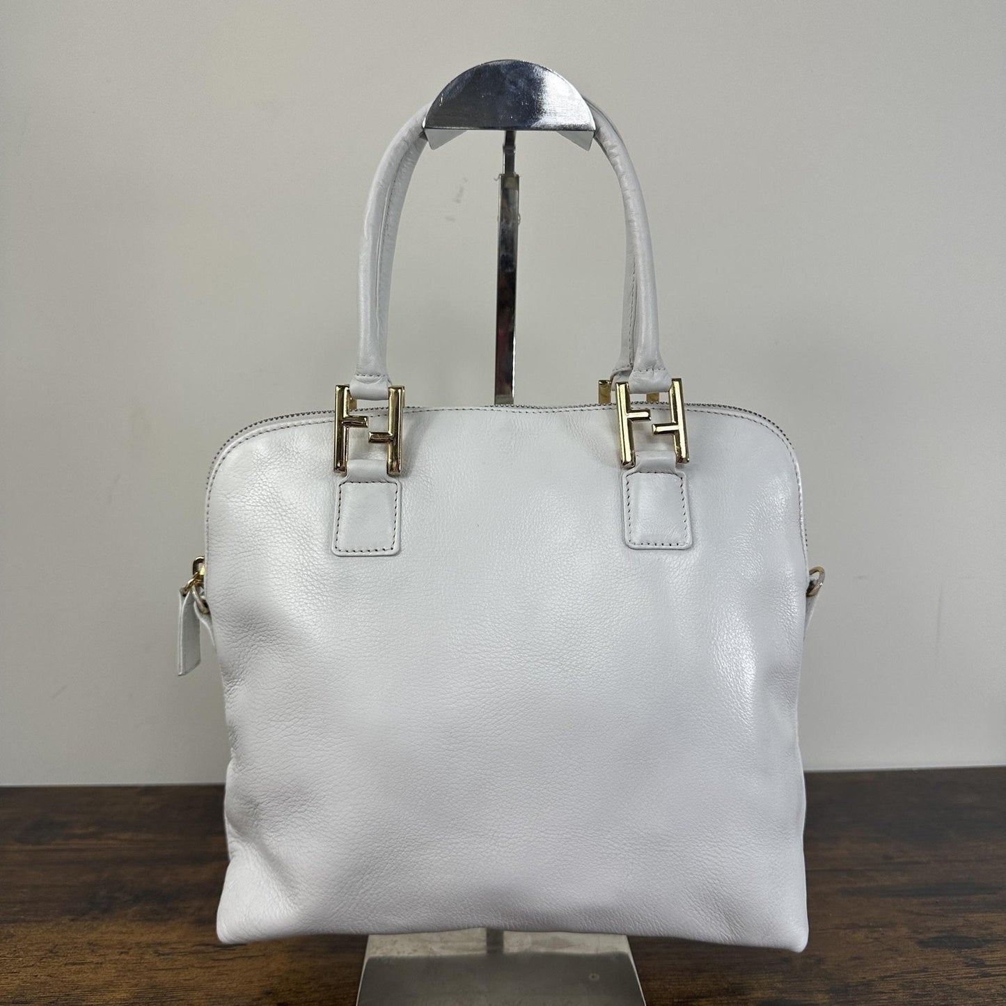Fendi Vintage Satchel Bag Womens Medium White Leather Italy Top Handle FF