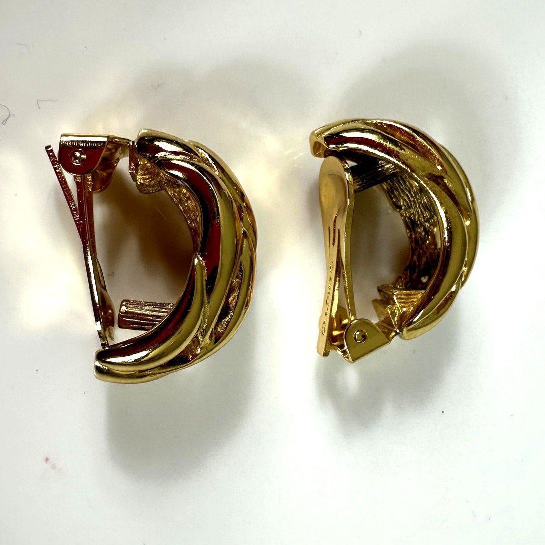 Christian Dior Vintage Gold Tone Half Hoop Clip On Earrings Vintage Authentic
