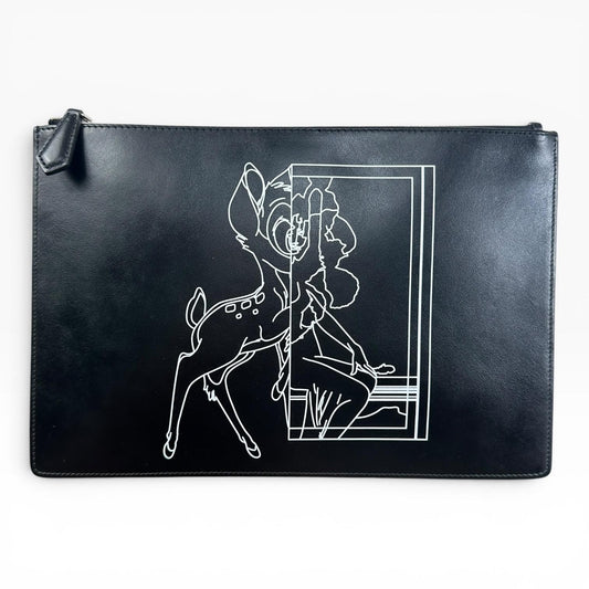 Givenchy Bambi Clutch Bag Womens Large Black Leather Romania Zip Pouch Graphic