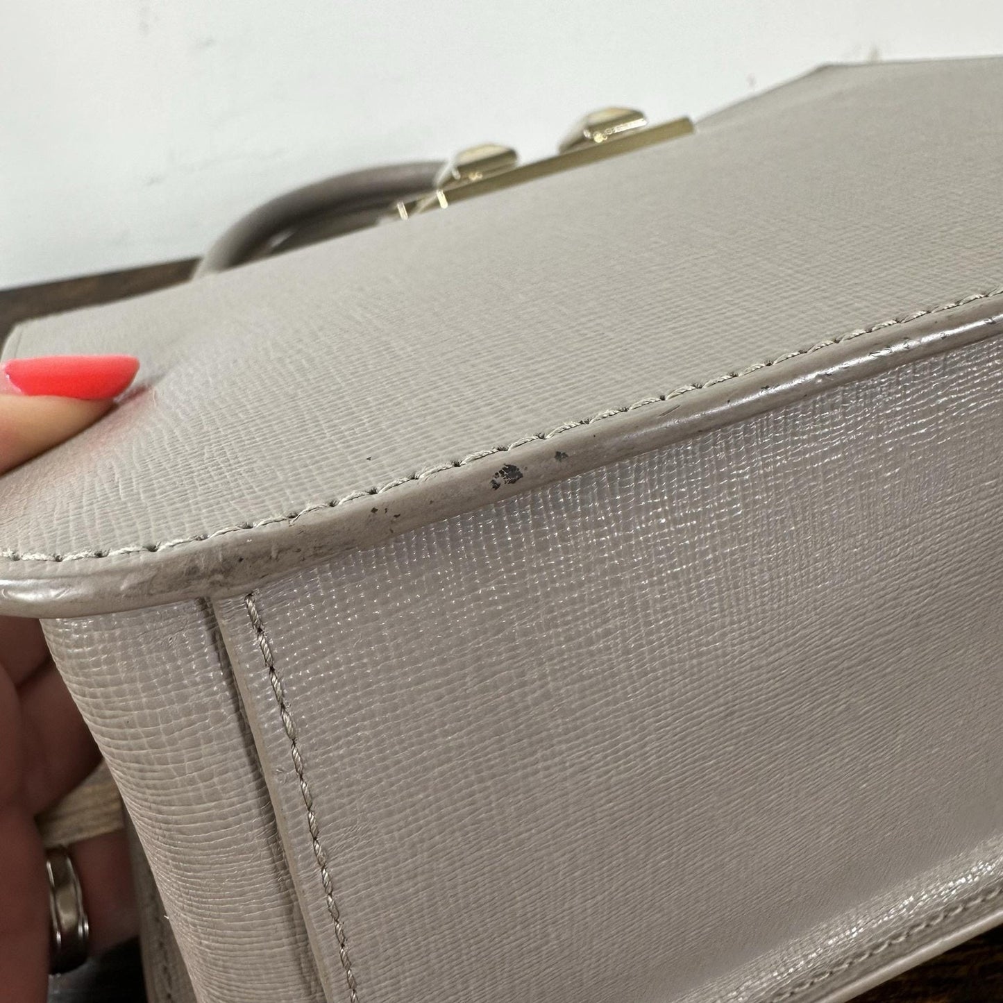 Furla Satchel Crossbody Bag Womens Small Gray Leather Top Handle Gold Hardware