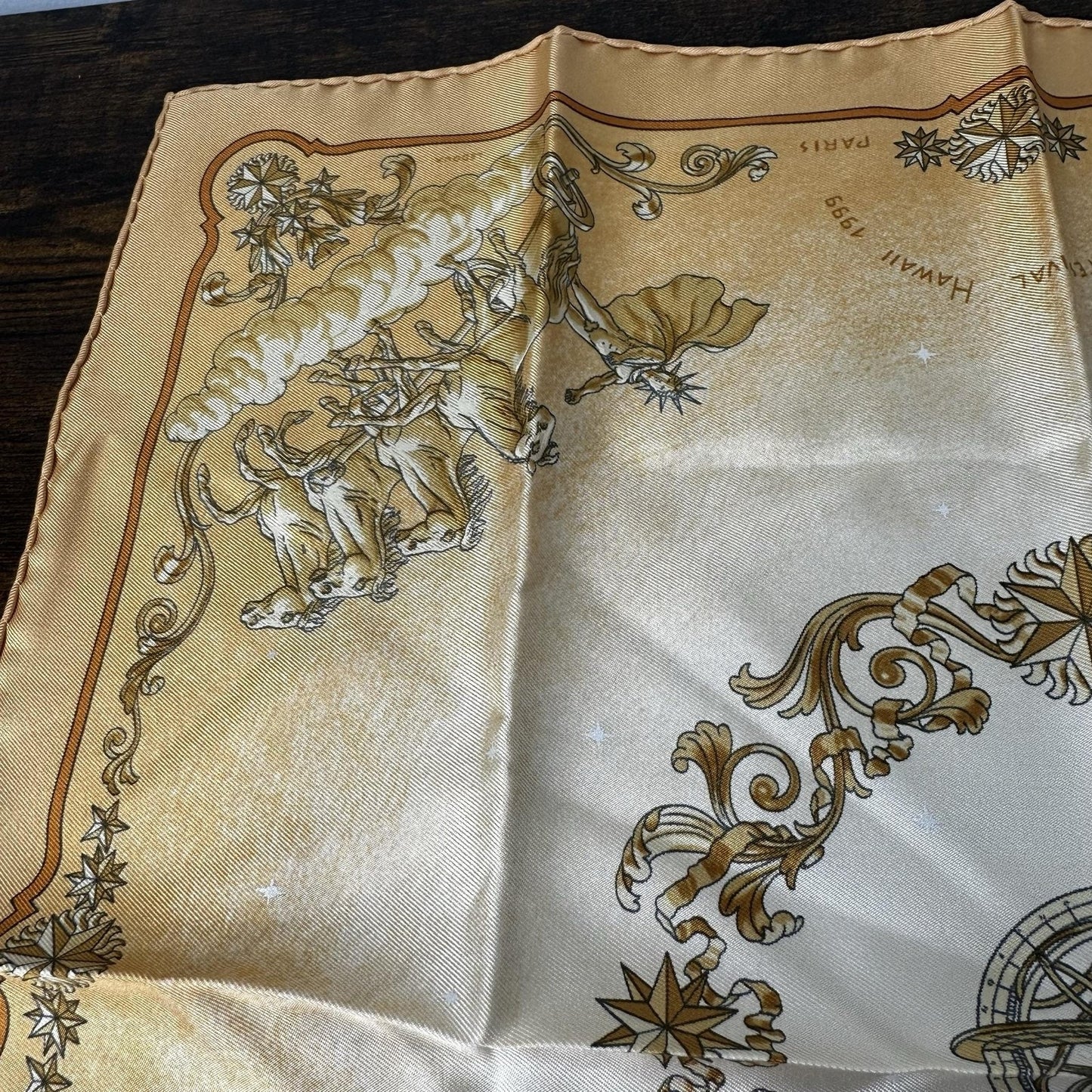 Hermes Vintage French Festival Hawaii Scarf Gold Silk Square France 16.5”
