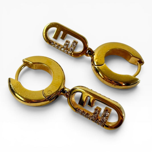 Fendi FF Logo Gold Tone Rhinestone Logo Huggie Drop Earrings 1.5in Made In Italy