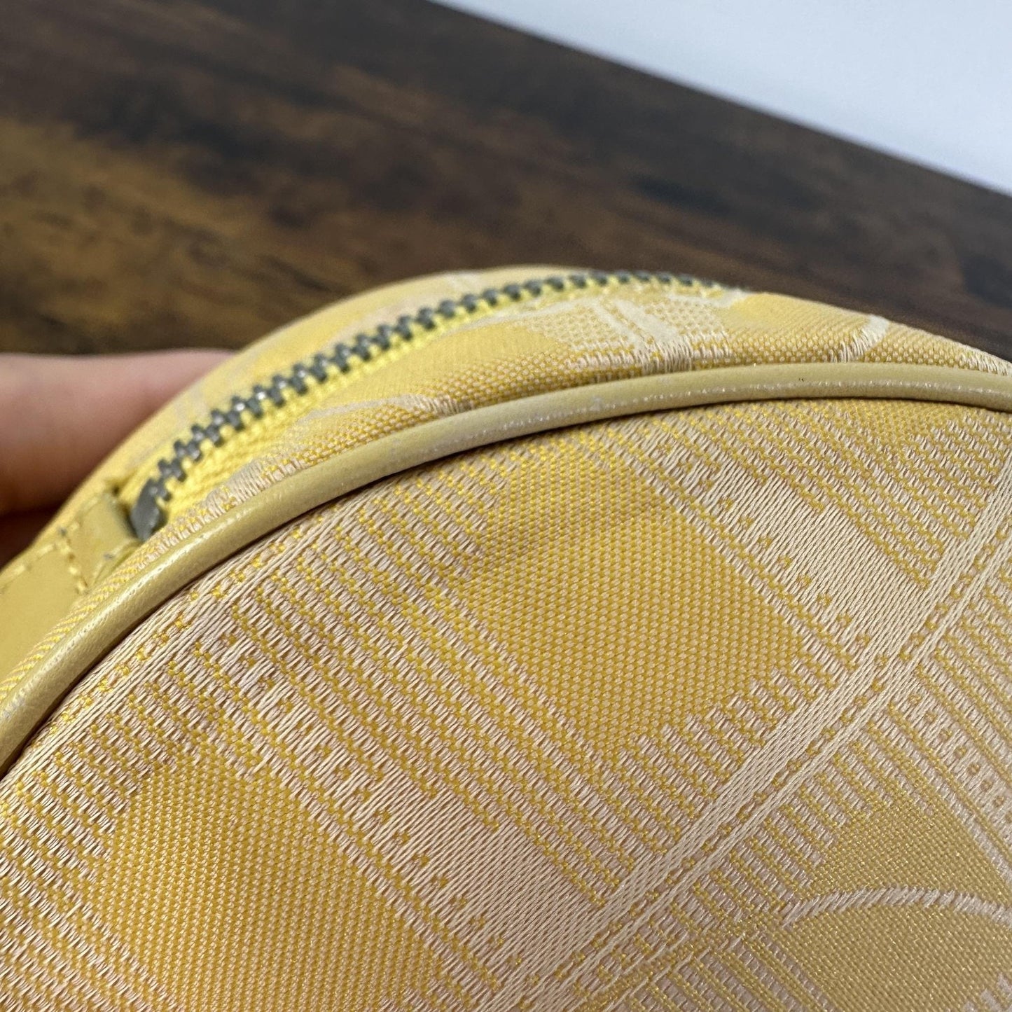 Chanel Vintage Travel Line Round Mini Pouch Bag Yellow Canvas CC Logo Wristlet