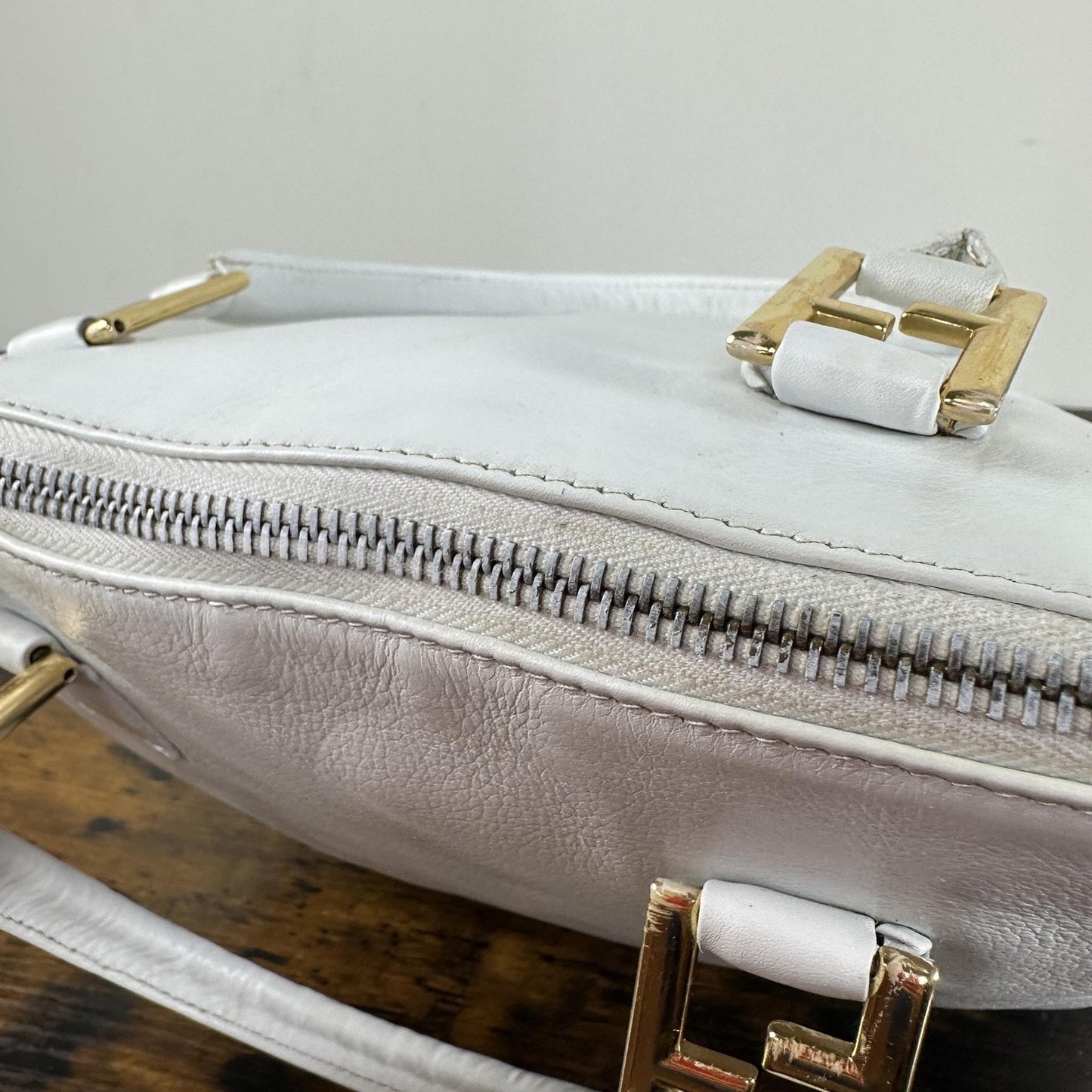 Fendi Vintage Satchel Bag Womens Medium White Leather Italy Top Handle FF