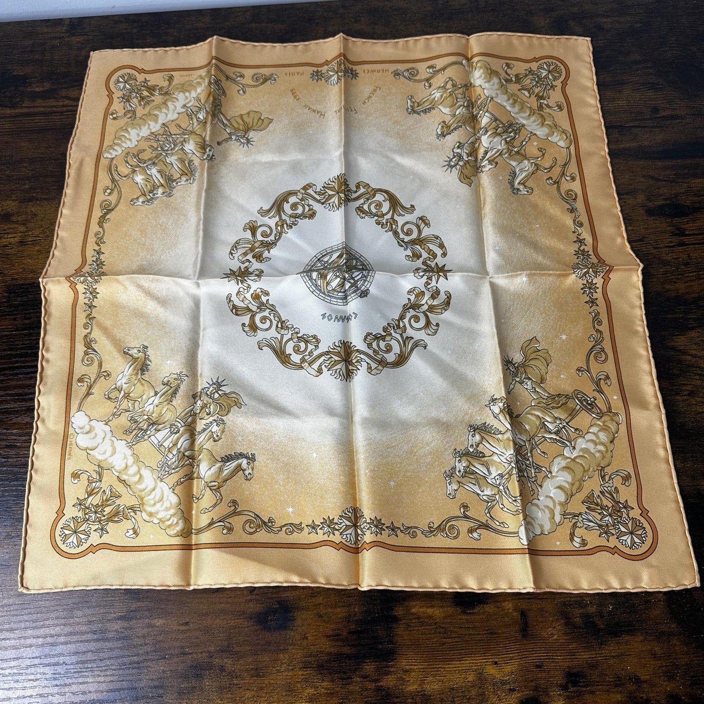 Hermes Vintage French Festival Hawaii Scarf Gold Silk Square France 16.5”