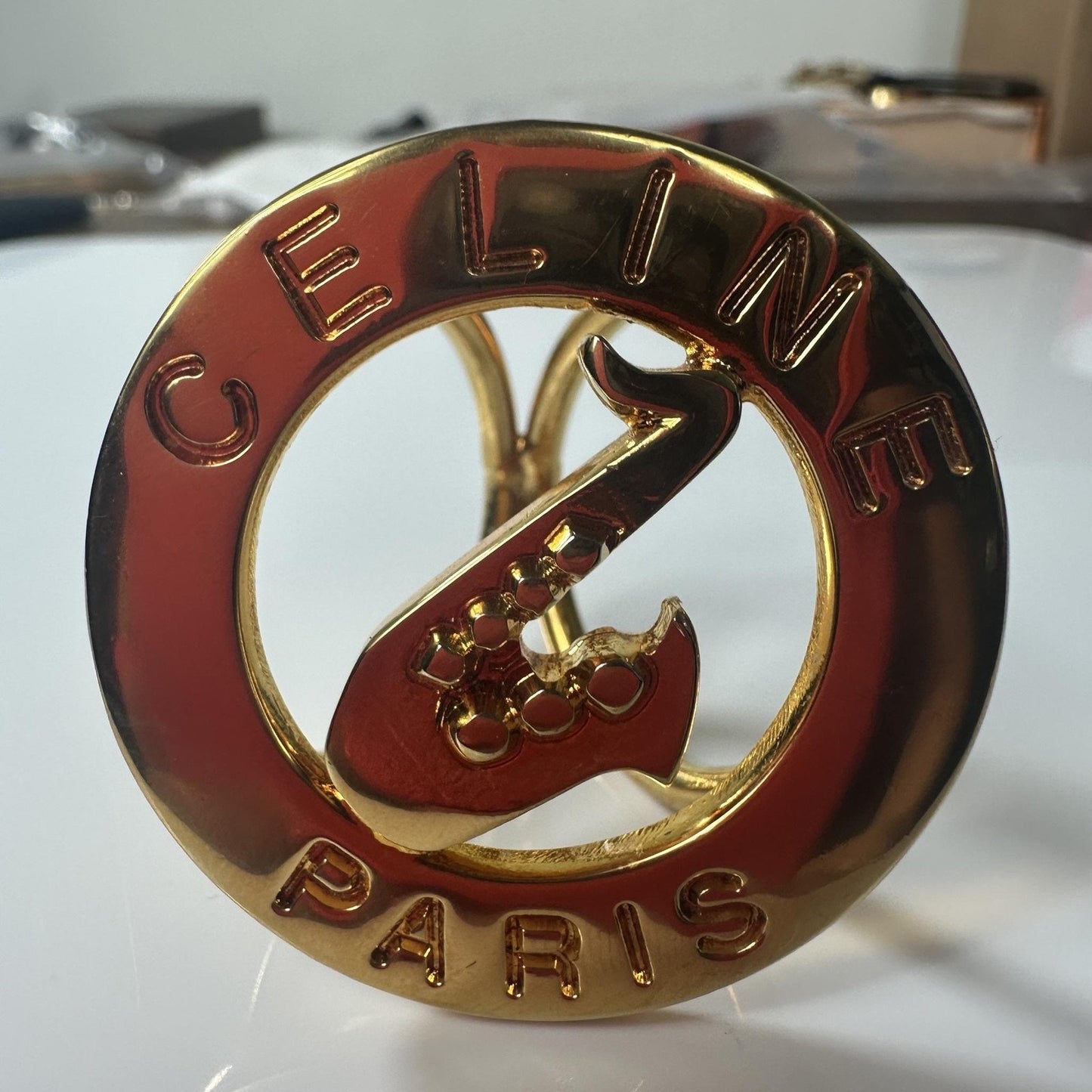 CELINE Scarf Ring Gold Tone Vintage Saxophone Logo Round Made In Italy