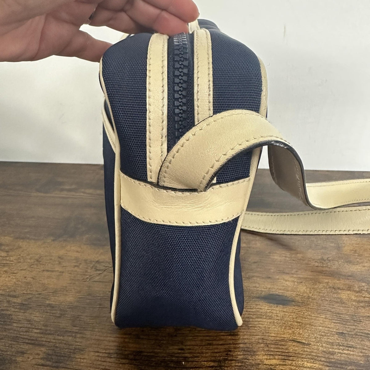 Celine Vintage Crossbody Bag Medium Navy Blue Canvas Leather Italy Classic