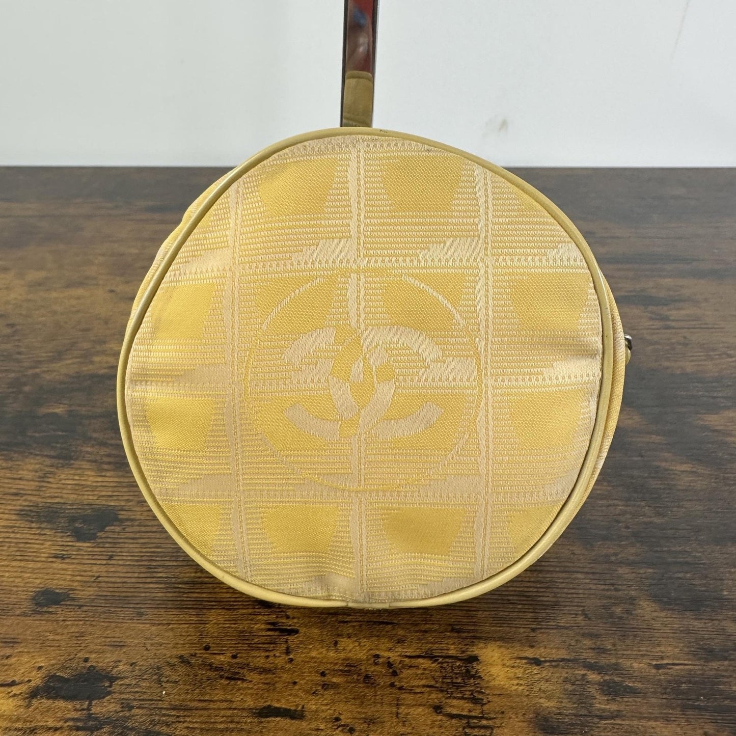 Chanel Vintage Travel Line Round Mini Pouch Bag Yellow Canvas CC Logo Wristlet