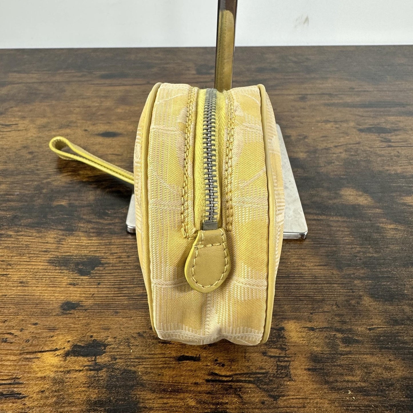 Chanel Vintage Travel Line Round Mini Pouch Bag Yellow Canvas CC Logo Wristlet
