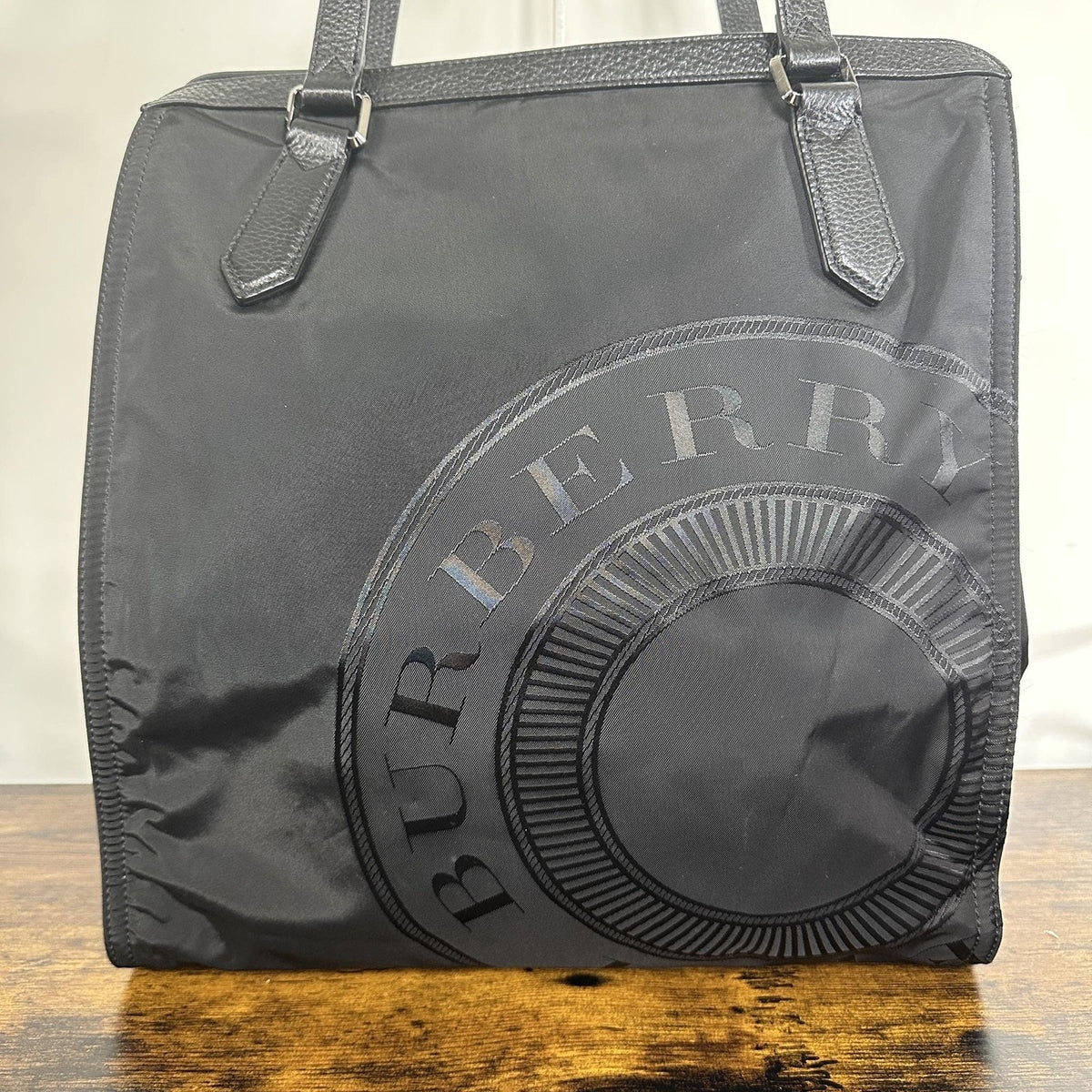 Burberry Tote Bag Womens Large Black Nylon Leather Logo Shoulder Zip Top Handle
