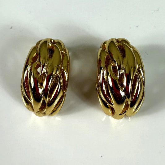 Christian Dior Vintage Gold Tone Half Hoop Clip On Earrings Vintage Authentic