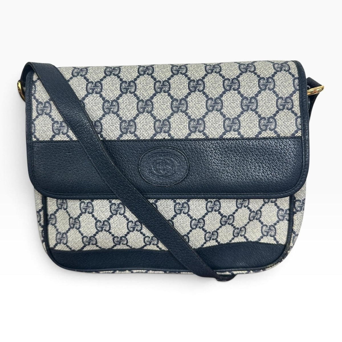 Gucci GG Monogram Vintage Crossbody Bag Medium Beige Blue Canvas Italy