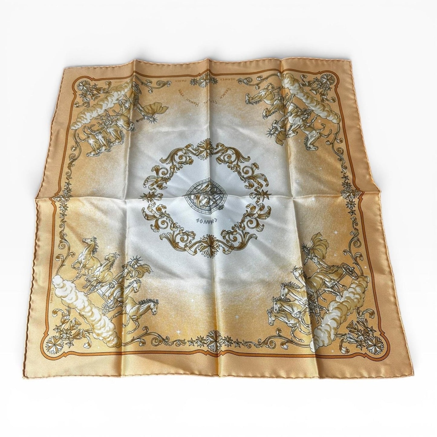 Hermes Vintage French Festival Hawaii Scarf Gold Silk Square France 16.5”