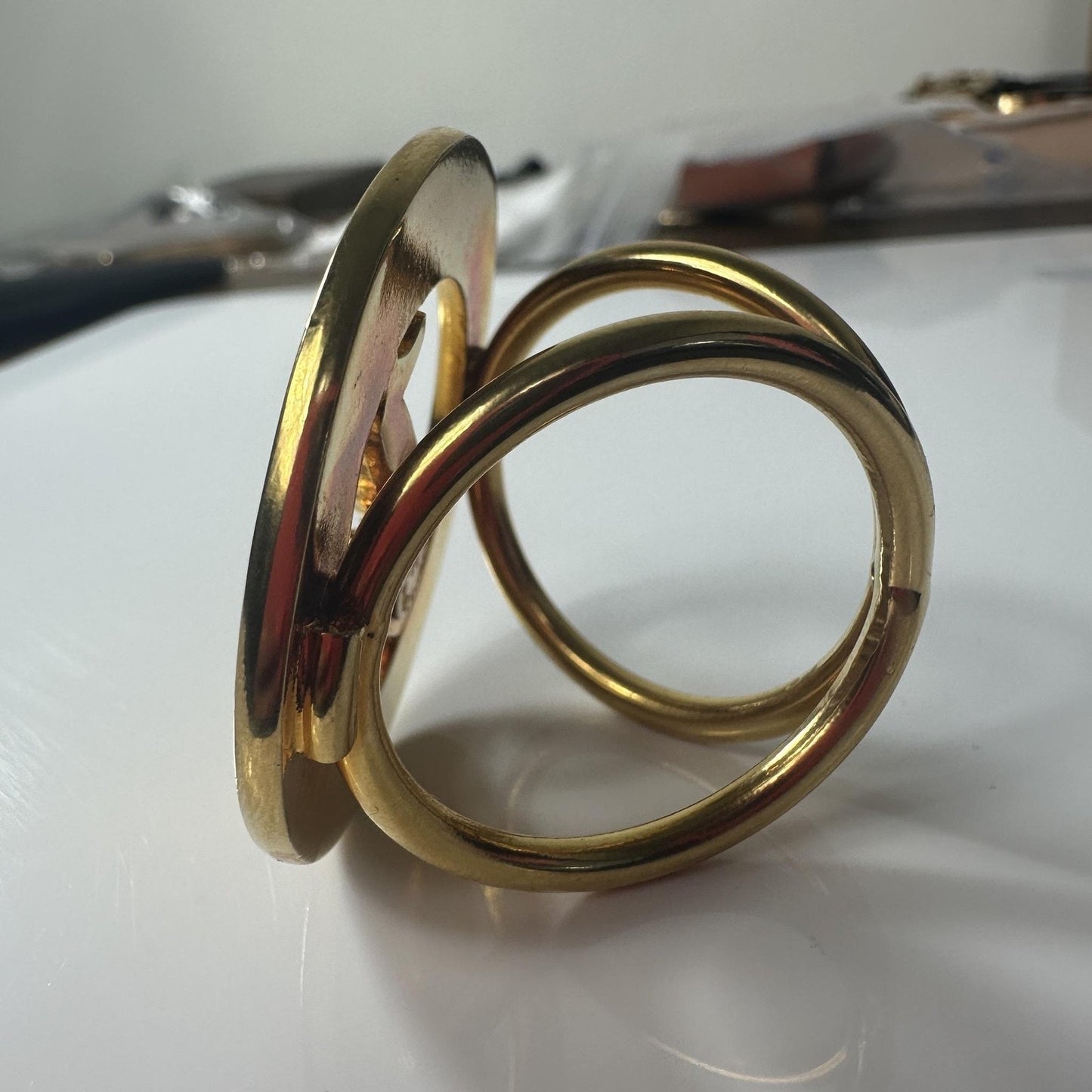 CELINE Scarf Ring Gold Tone Vintage Saxophone Logo Round Made In Italy