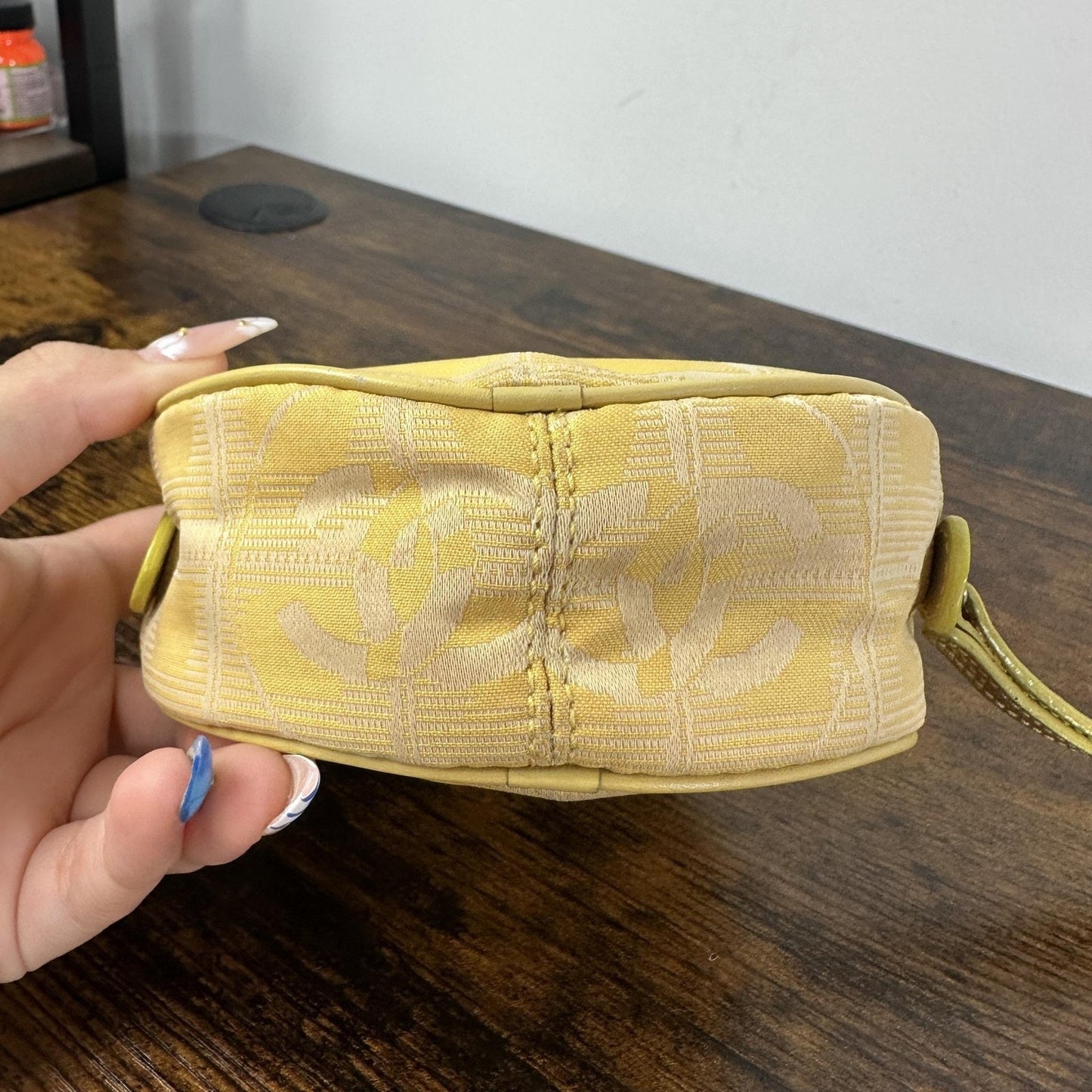 Chanel Vintage Travel Line Round Mini Pouch Bag Yellow Canvas CC Logo Wristlet