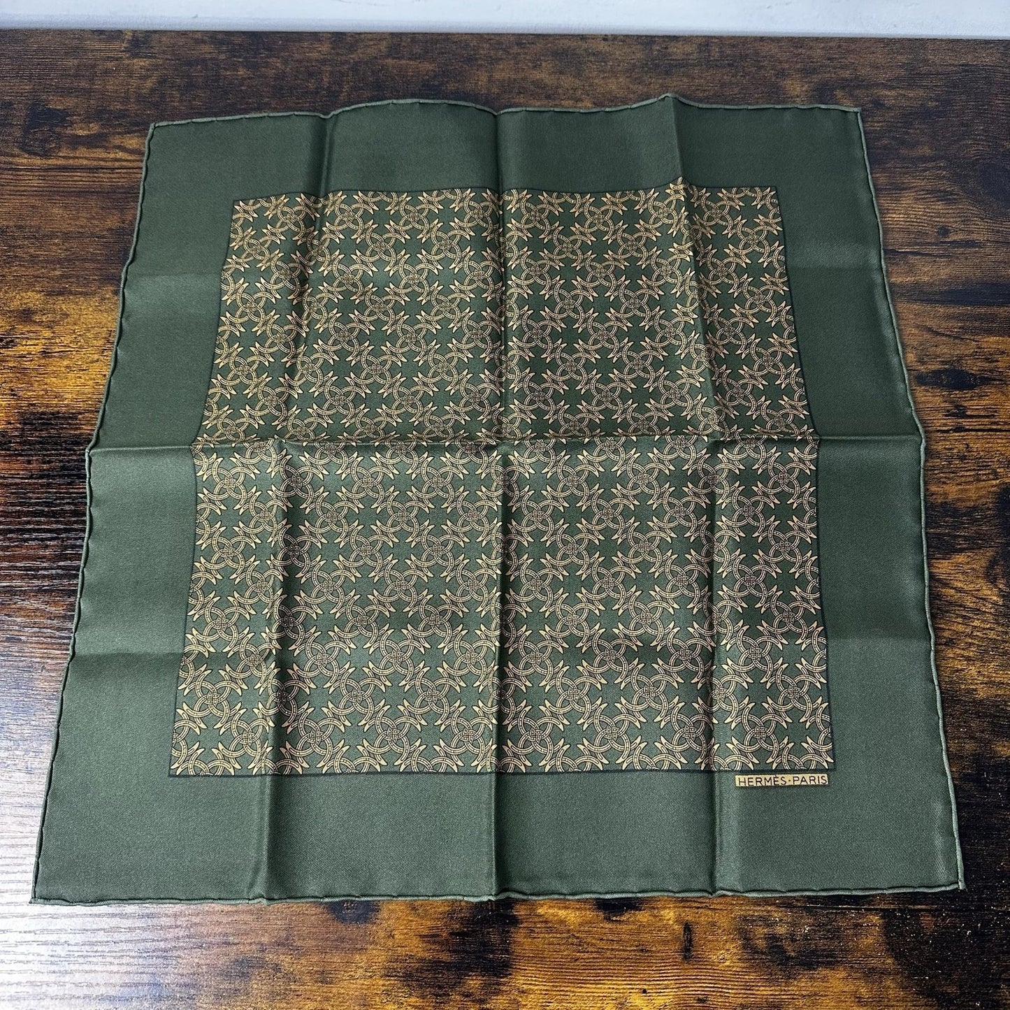 Hermes Silk Square Scarf 16.5” Green Twill Geometric Pattern Print