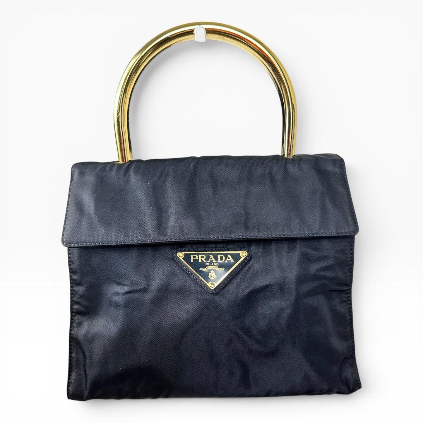 Prada Nylon Top Handle Bag Womens Small Blue Gold Metal Handle Italy Authentic