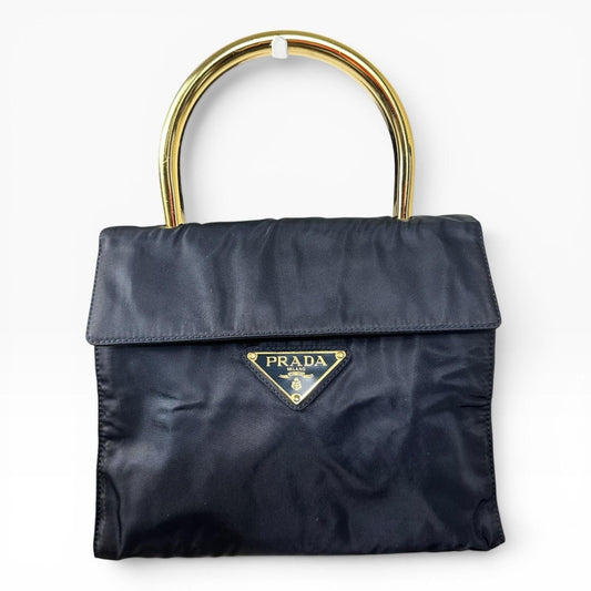 Prada Nylon Top Handle Bag Womens Small Blue Gold Metal Handle Italy Authentic