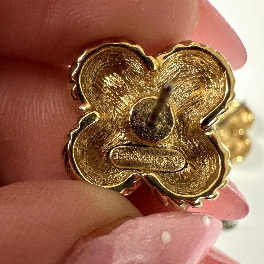 Vintage Burberrys Gold Tone Clover Quatrefoil Stud Earrings 90s Designer