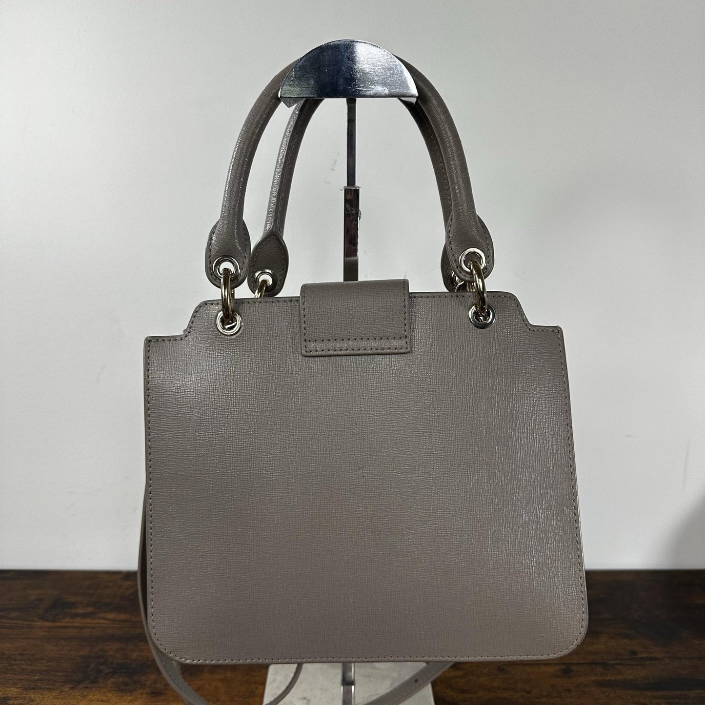 Furla Satchel Crossbody Bag Womens Small Gray Leather Top Handle Gold Hardware