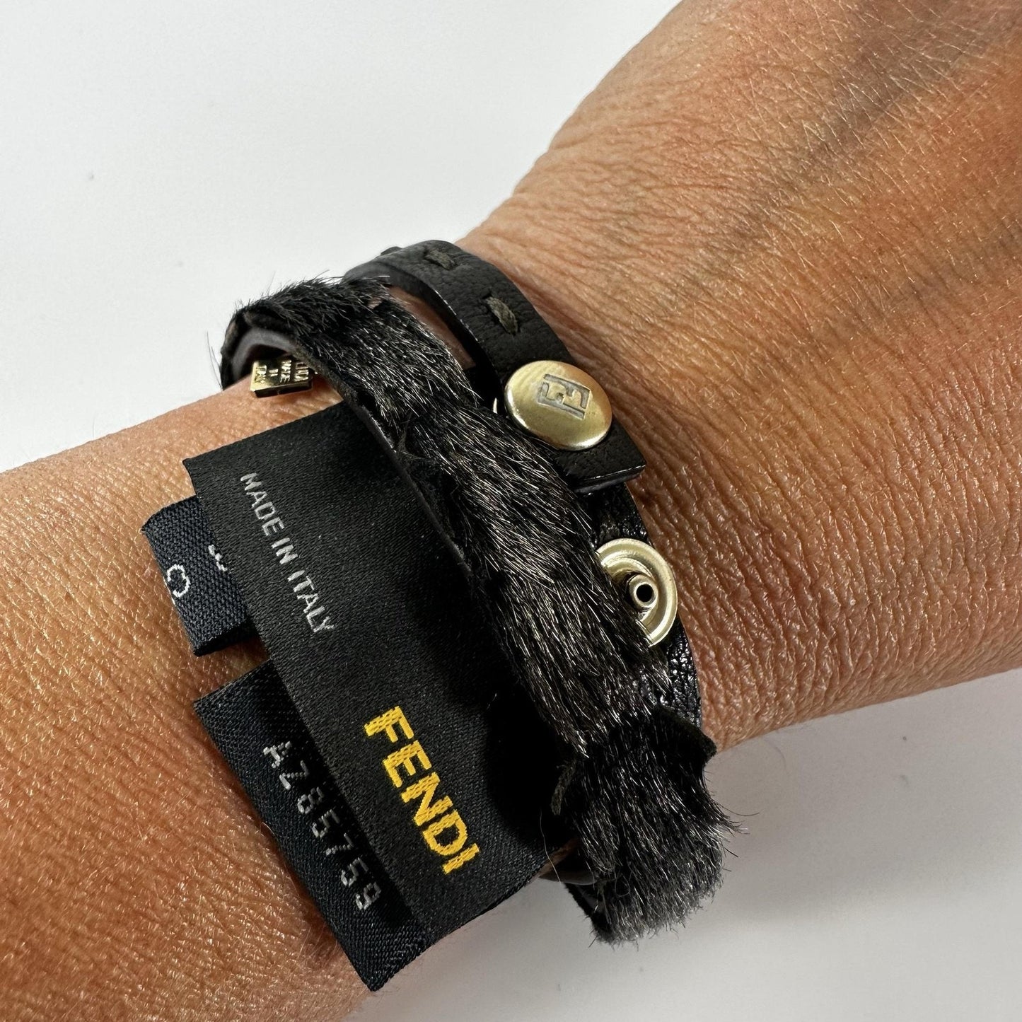 Fendi Black Leather Fur Trim Wrap Bracelet Gold Tone Snap Made In Italy Designer