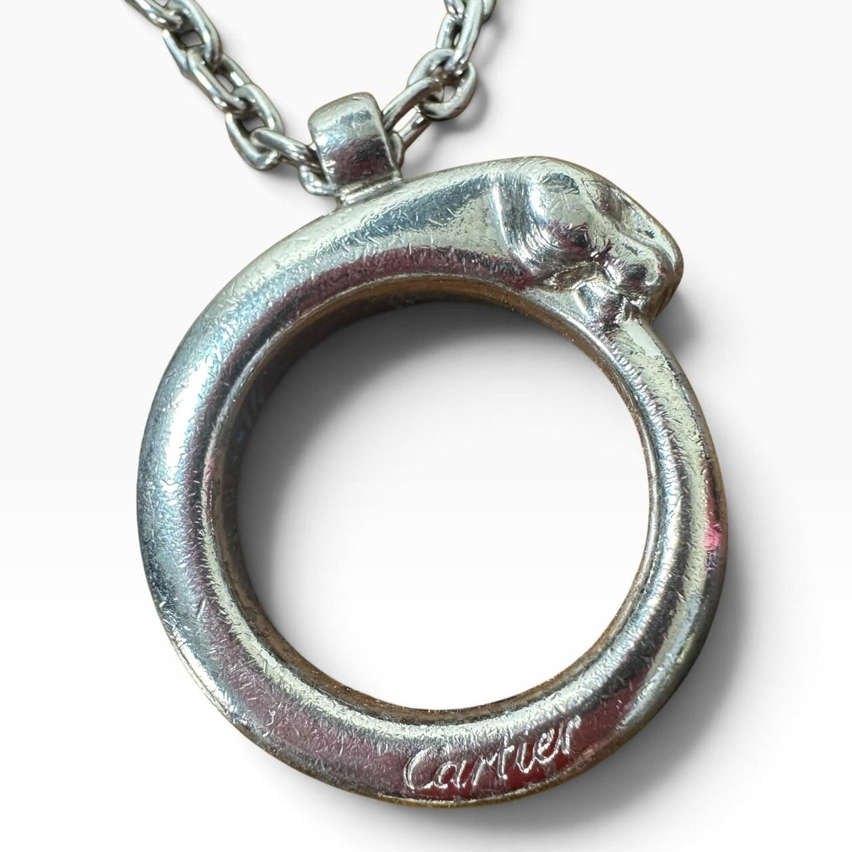 Cartier Silver Metal Panther Circle Keychain Bag Charm Engraved Pendant