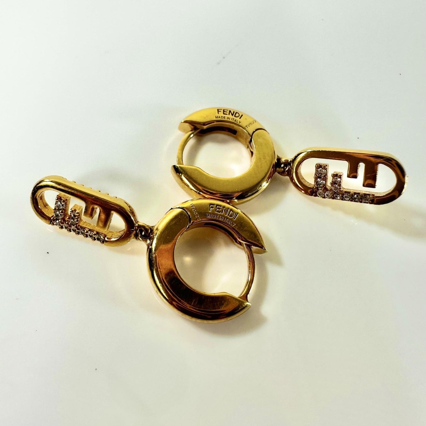 Fendi FF Logo Gold Tone Rhinestone Logo Huggie Drop Earrings 1.5in Made In Italy