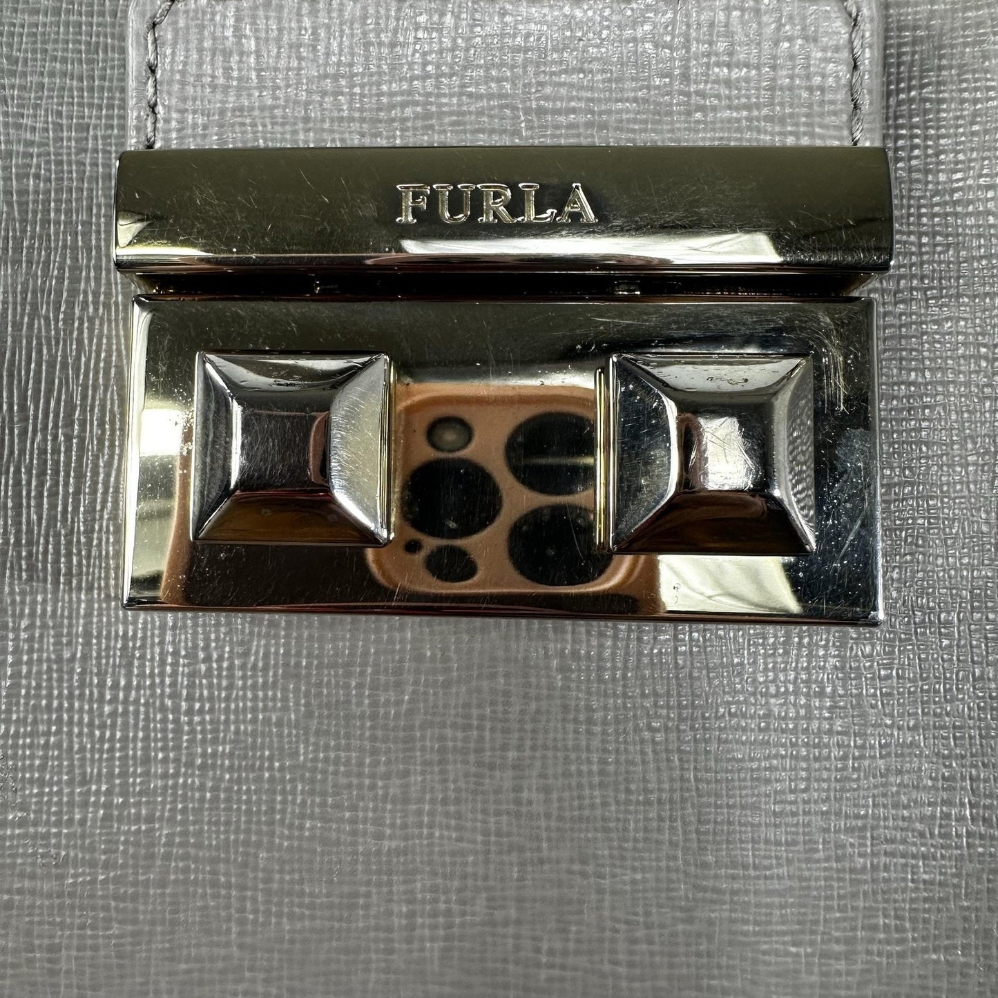 Furla Satchel Crossbody Bag Womens Small Gray Leather Top Handle Gold Hardware